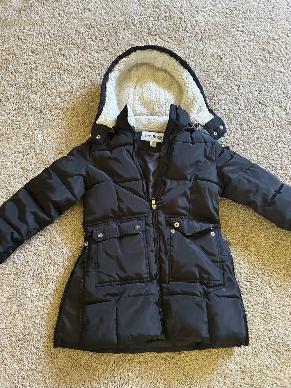 Steve Madden Kids Black Puffer Coat with Sherpa-Lined Hood